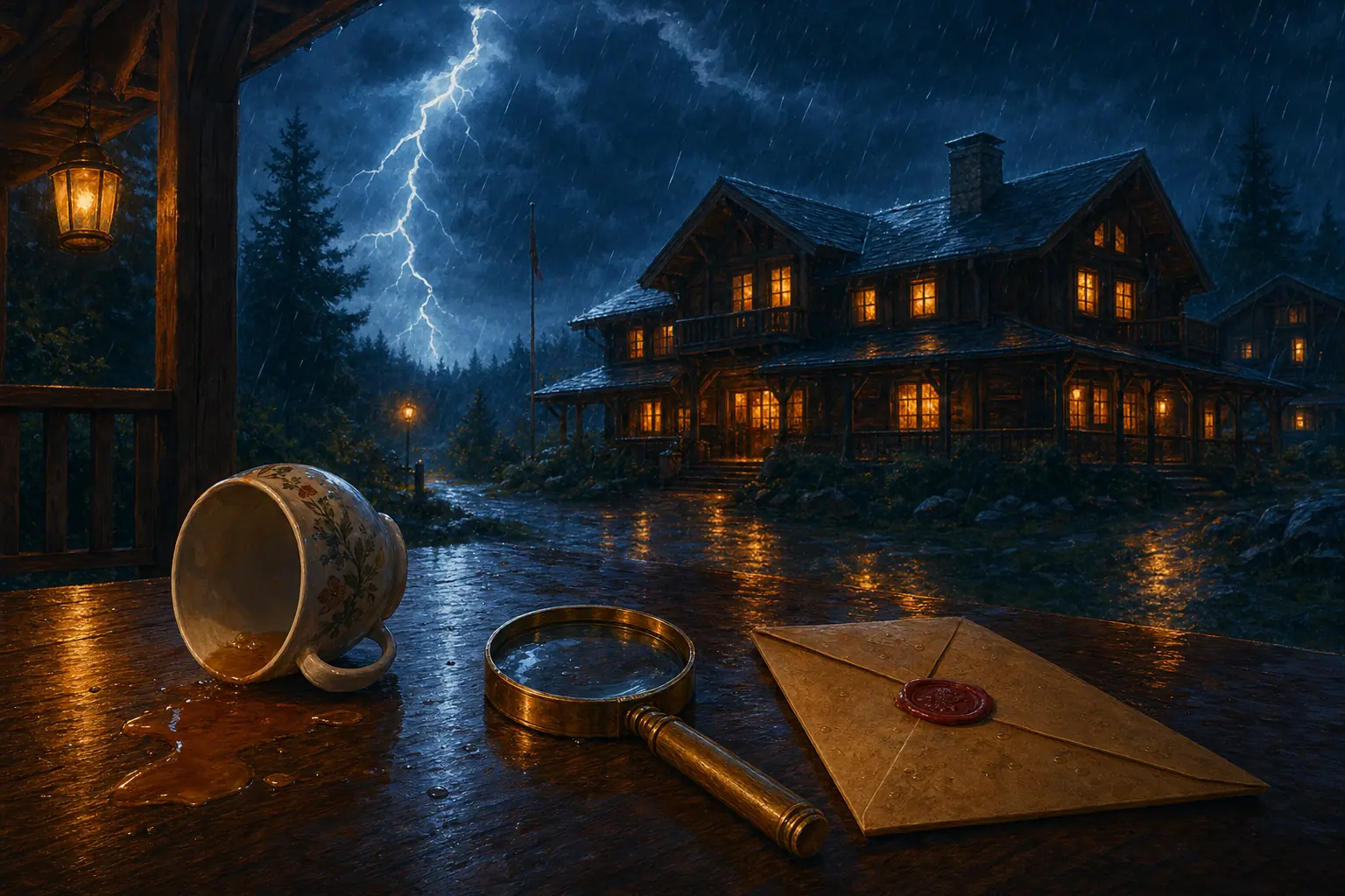 Murder party en colo : une tasse de tisane renversée, une loupe et une lettre cachetée sur la table d'une véranda, devant le chalet éclairé sous l'orage
