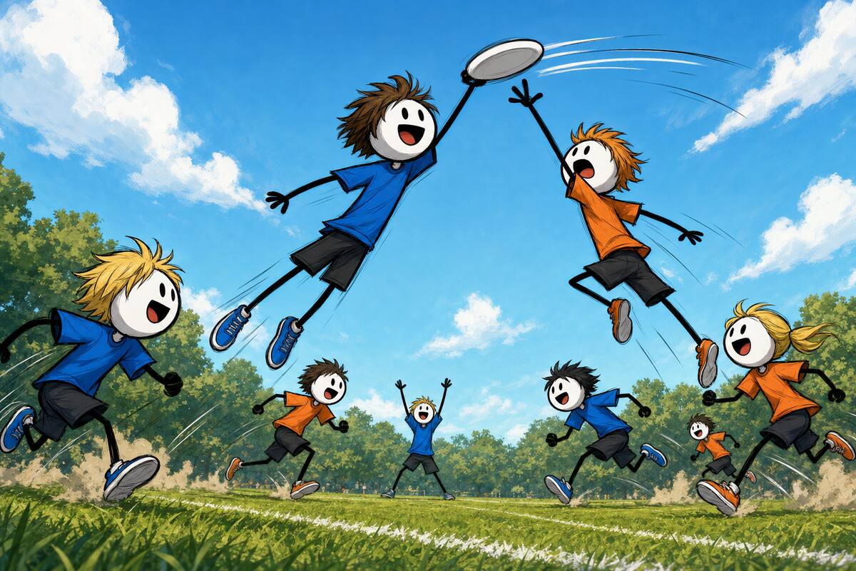 Ultimate frisbee, jeu sportif en colo et en centre de loisirs : deux joueurs d'équipes adverses sautent pour attraper le disque au-dessus d'un terrain d'herbe ligné de blanc, pendant que les autres courent se démarquer.