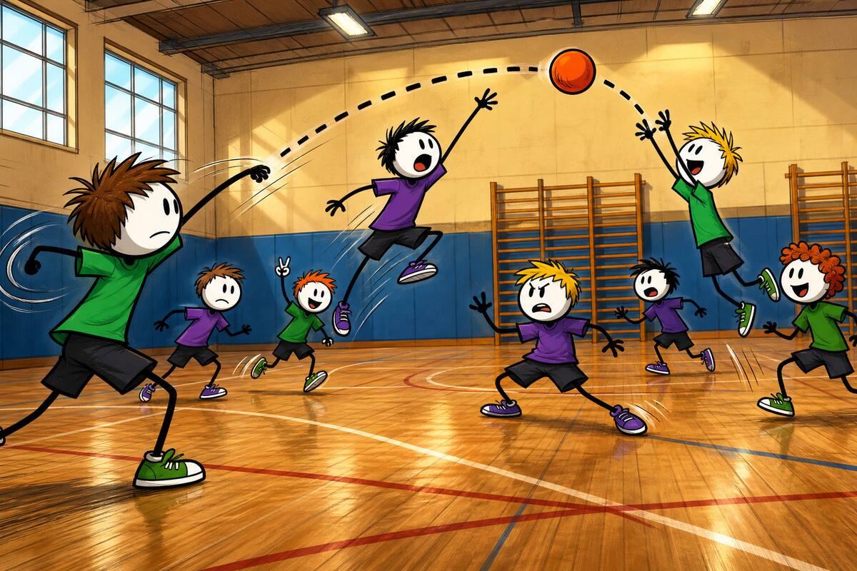 Passe à 10 en salle, petit jeu de ballon en colo et en centre de loisirs : dans un gymnase, un enfant en vert lance le ballon orange en cloche par-dessus un joueur en violet qui saute pour l'intercepter, pendant qu'un coéquipier lève les bras pour le recevoir