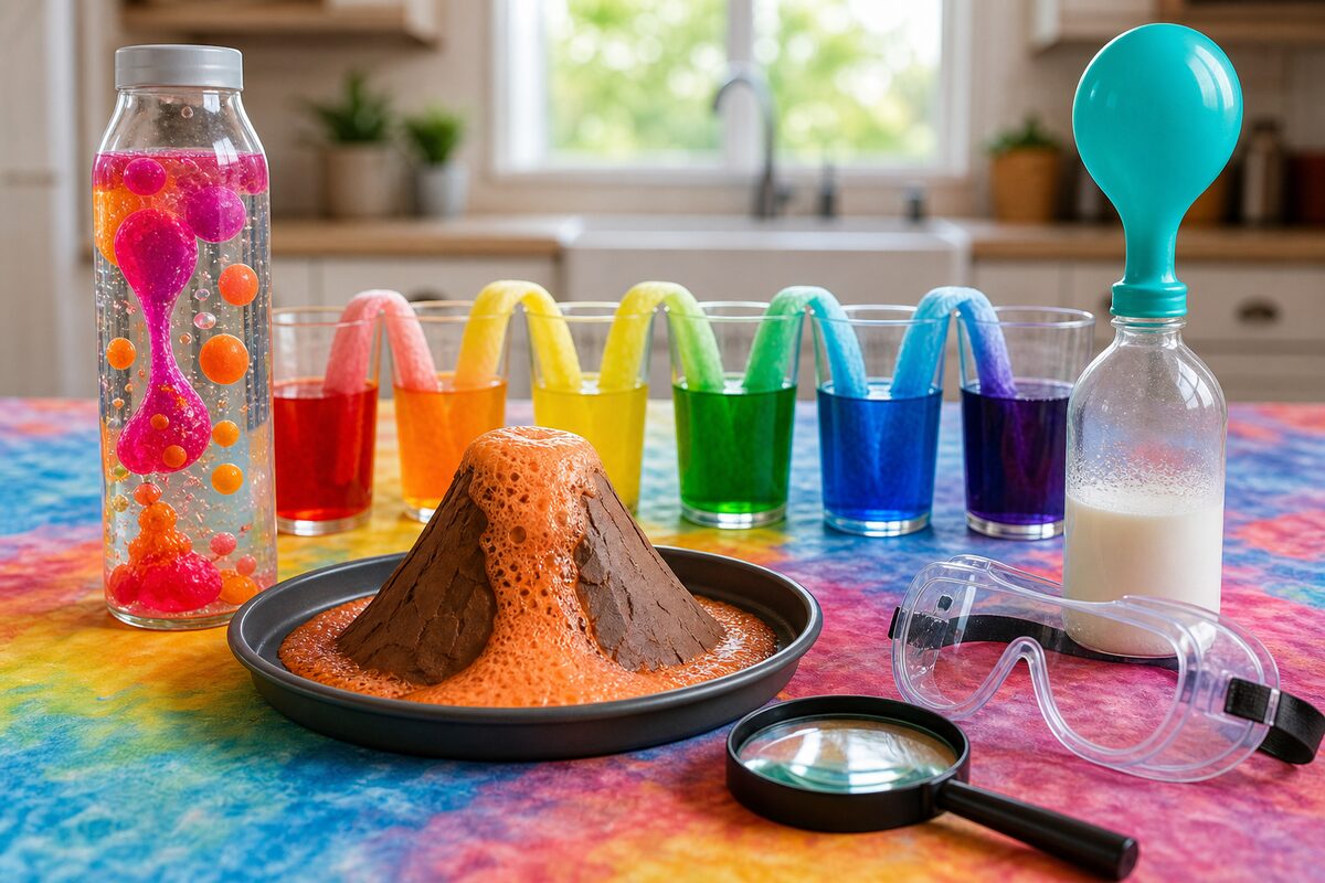 Expériences scientifiques pour enfants sur la table d'un atelier : volcan en éruption de mousse orange, lampe à lave en bouteille, eau qui marche entre des verres arc-en-ciel et ballon gonflé tout seul sur une bouteille