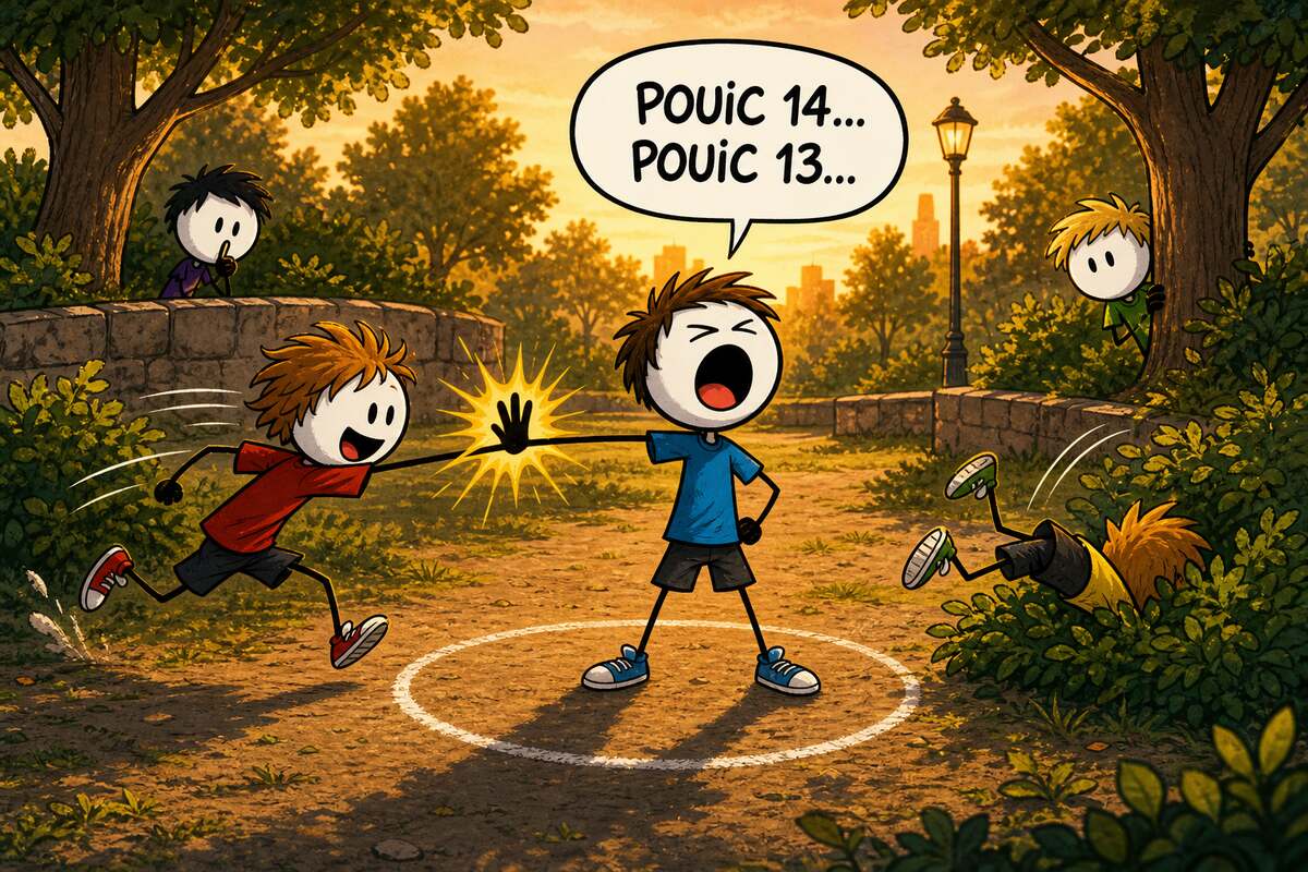 Pouik pouik, jeu de cachette express en colo : le chercheur crie « pouic 14… pouic 13… » les yeux fermés au centre d'un cercle tracé à la craie, un joueur en t-shirt rouge lui tape dans la main en courant, trois autres se cachent derrière un muret et des buissons