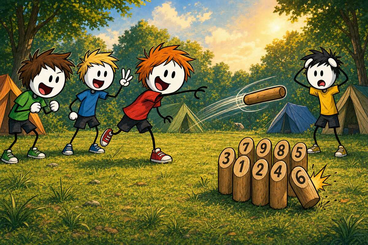 Mölkky, jeu d'adresse en colo et en centre de loisirs : un enfant lance le bâton de bois vers les quilles numérotées plantées dans l'herbe, une quille bascule pendant que trois camarades suivent le lancer devant les tentes du camp