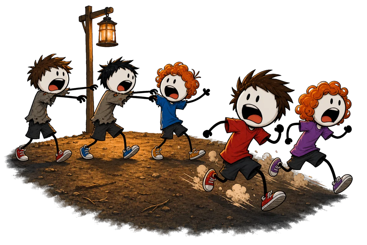 Des zombies avancent vers les joueurs à la tombée de la nuit dans le grand jeu Zombieland en colo