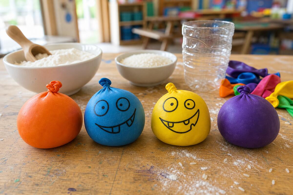 Balle anti-stress maison : quatre balles en ballons de baudruche nouées sur une table d'atelier, dont deux décorées d'un visage de monstre, devant les bols de farine et de riz