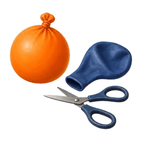 Balle anti-stress, étape 4 : la balle nouée et le second ballon de baudruche à enfiler par-dessus