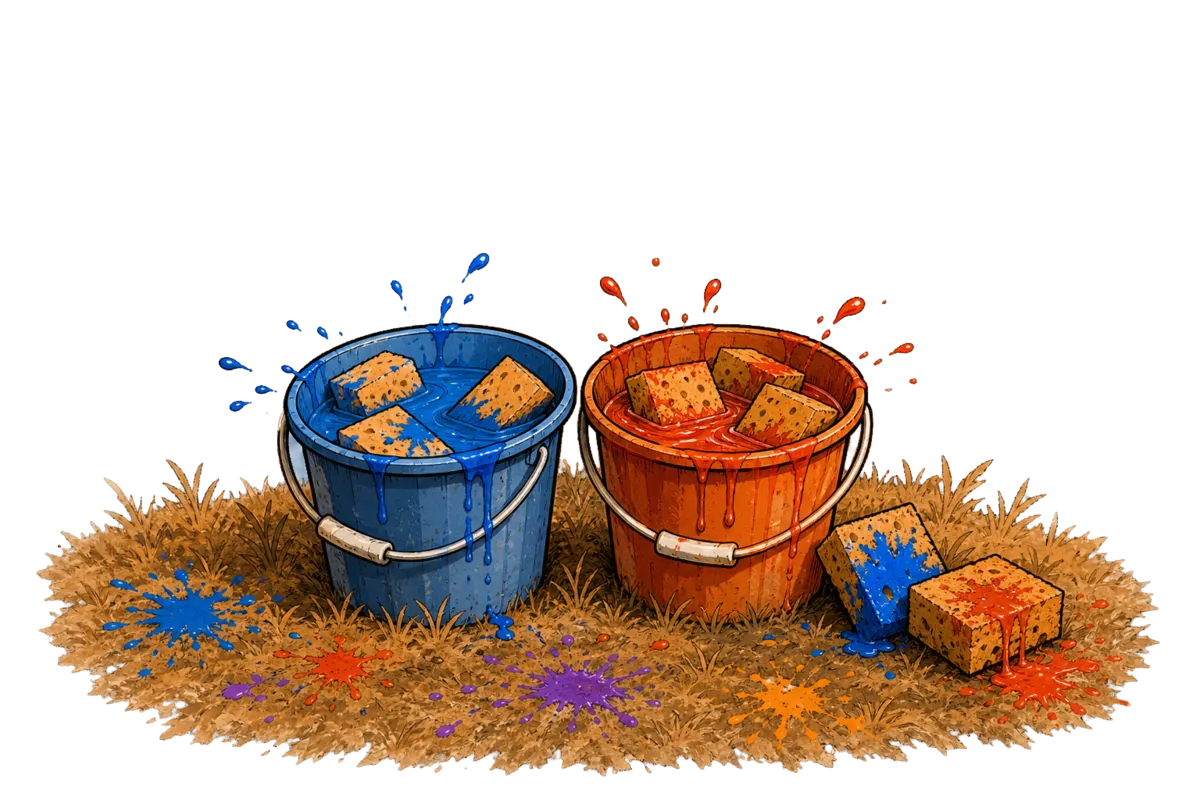 Sponge Ball, le matériel : deux seaux de gouache diluée, un bleu et un orange, avec les éponges qui trempent dedans avant la partie