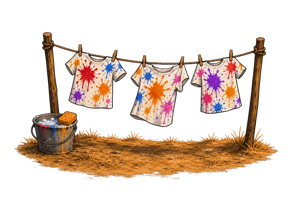 Après le Sponge Ball : des t-shirts blancs constellés de taches de gouache sèchent sur un fil à linge