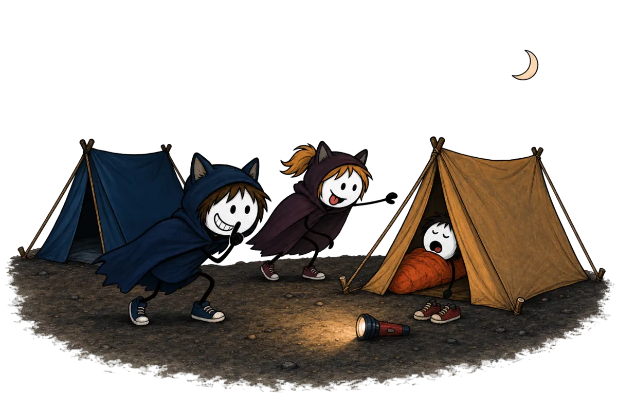 Loup-garou grandeur nature en colo : deux loups-garous encapuchonnés rôdent la nuit entre les tentes du camp endormi
