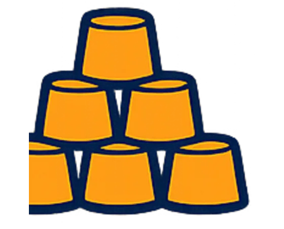 Jeu de l'oie géant, les cases bleues : une pyramide de gobelets pour les stands d'adresse