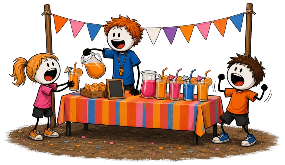 Stand de soirée boum : un animateur sert des cocktails sans alcool derrière une table nappée couverte de verres colorés, sous une guirlande de fanions.