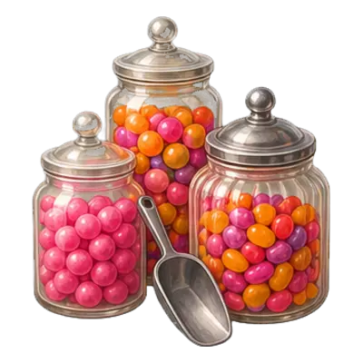 Bar à bonbons de soirée boum : trois bocaux transparents remplis de bonbons, avec leur pince de service.