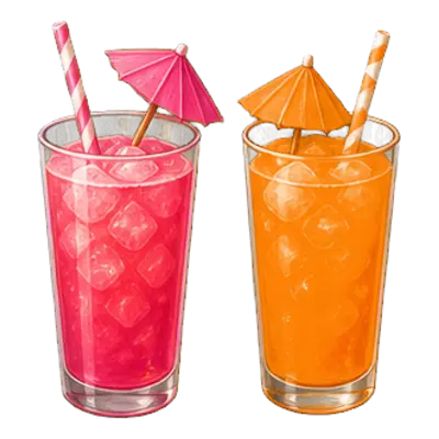 Bar à mocktails de soirée boum : deux grands verres de cocktail sans alcool, paille rayée et ombrelle en papier.