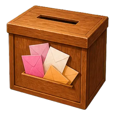 Boîte à dédicaces de soirée boum : une urne en bois à fente d'où dépassent les petits mots à lire au micro.