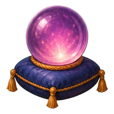 Diseuse de bonne aventure de soirée boum : une boule de cristal posée sur un coussin violet à pompons dorés.