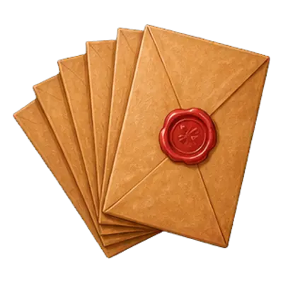 Enveloppes de départ de soirée boum : une pile d'enveloppes kraft cachetées à la cire rouge, une par enfant.