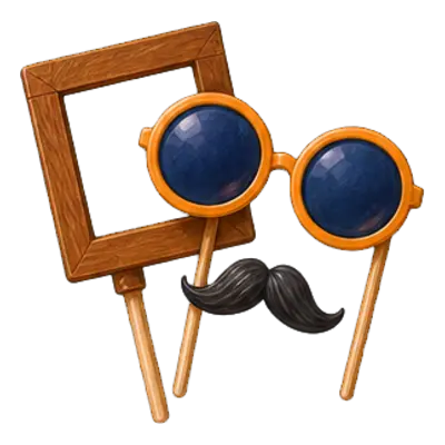 Photobooth de soirée boum : un cadre en bois et des accessoires montés sur bâton, lunettes rondes et fausse moustache.