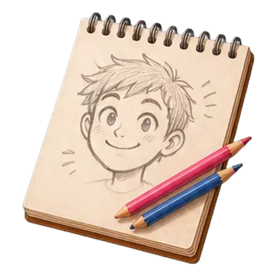 Portraits express de soirée boum : un carnet à croquis ouvert sur une caricature d'enfant, avec les crayons de couleur posés dessus.