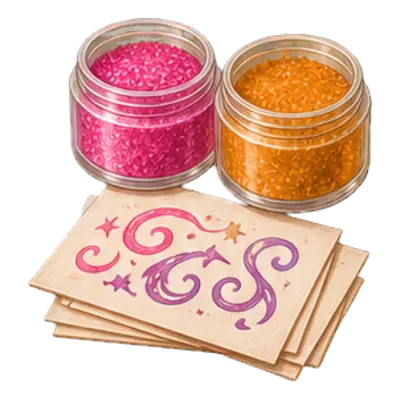 Salon paillettes et tatouages de soirée boum : deux pots de paillettes cosmétiques posés sur des planches de tatouages éphémères à l'eau.