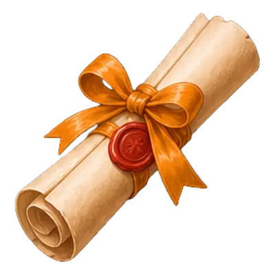 Cérémonie des diplômes de soirée boum : un diplôme roulé en parchemin, noué d'un ruban orange et scellé à la cire.