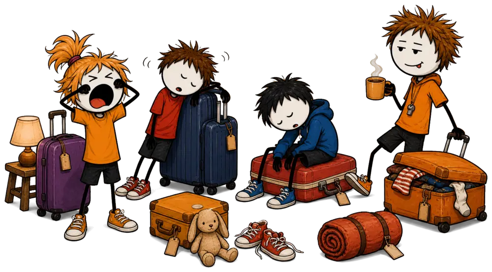 Le lendemain d'une soirée boum de fin de séjour : des enfants qui dorment debout sur leurs valises et un animateur épuisé, mug à la main, devant une valise qui déborde.