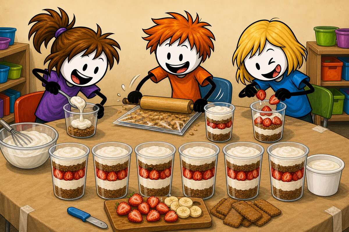 Verrines de fromage blanc et spéculoos, dessert sans cuisson monté par des enfants en centre de loisirs : gobelets transparents en couches de biscuits écrasés, crème et fruits rouges