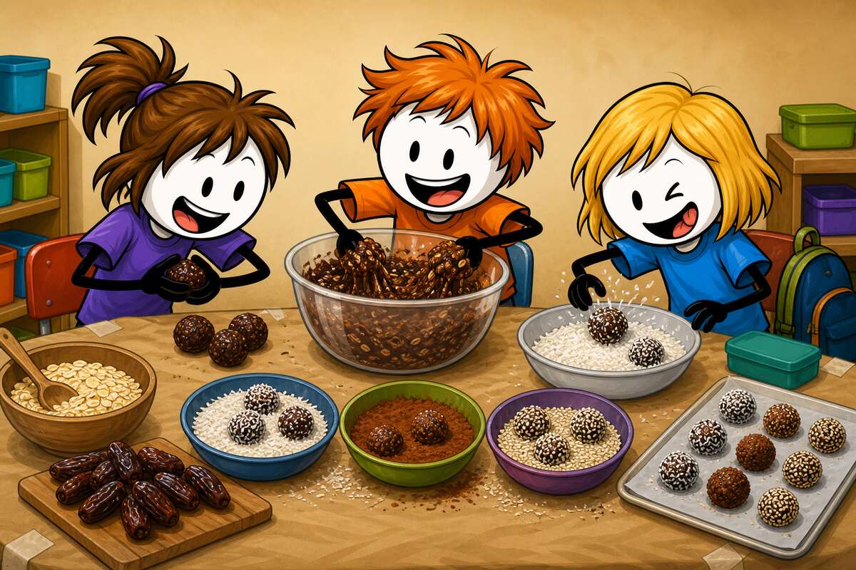 Energy balls sans cuisson : des enfants roulent les billes de dattes et d'avoine à la main avant de les passer dans la coco râpée, en atelier cuisine
