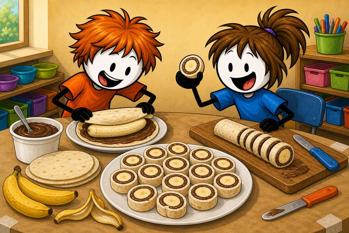 Wrap banane pâte à tartiner pour un goûter rapide : des enfants roulent la tortilla garnie et présentent les rondelles en spirale, en centre de loisirs