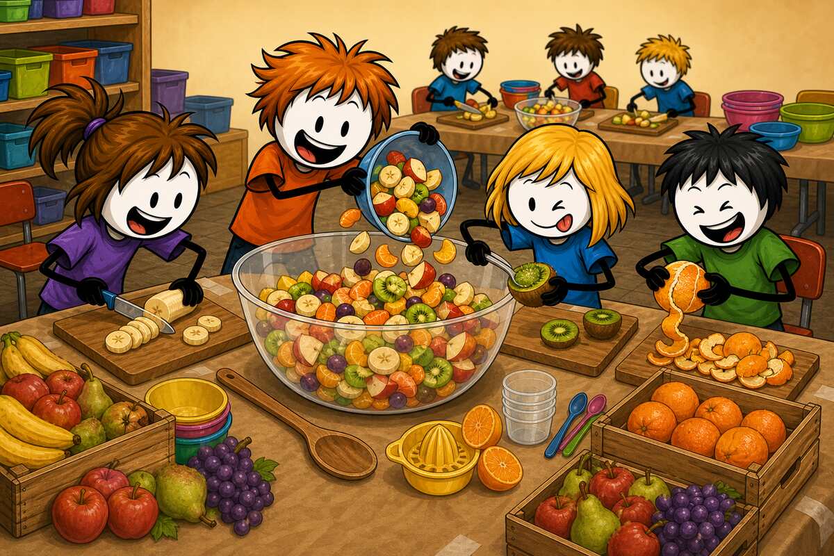 Salade de fruits en atelier avec un groupe d'enfants : chacun découpe son fruit sur sa planche et verse dans le grand saladier commun, avec des cageots pour vingt à trente parts