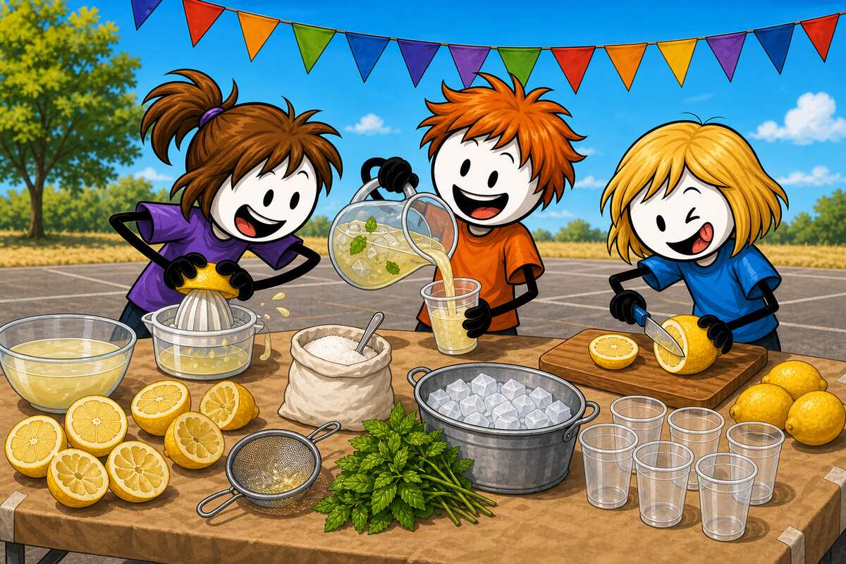 Citronnade maison : des enfants pressent des citrons et servent le pichet au verre sur un stand de colo, en plein air