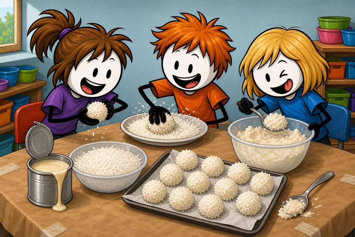 Boules coco : recette sans cuisson en atelier cuisine, des enfants roulent les boules à la main avant de les passer dans la noix de coco râpée