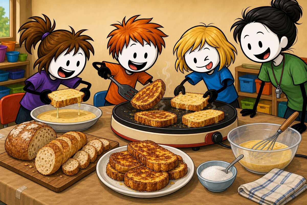 Pain perdu : des enfants font dorer leurs tranches de pain rassis sur un appareil à crêpes, en atelier cuisine de centre de loisirs