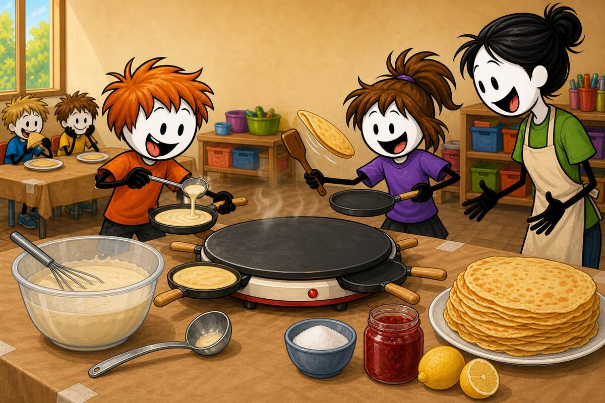Crêpes avec les enfants en colonie de vacances : un enfant verse sa pâte à la louche dans son poêlon sur un appareil à crêpes pendant qu'une autre retourne la sienne à la spatule
