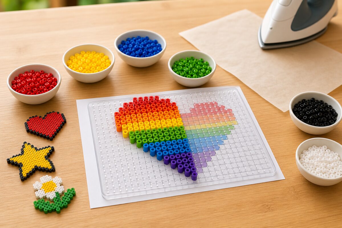 Pixel art en perles à repasser : plaque transparente posée sur un modèle imprimé à taille réelle, perles triées par couleur