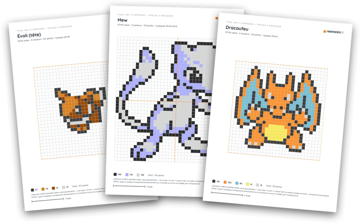 Pixel art Pokémon en perles à repasser : fiches Évoli, Mew et Dracaufeu à imprimer