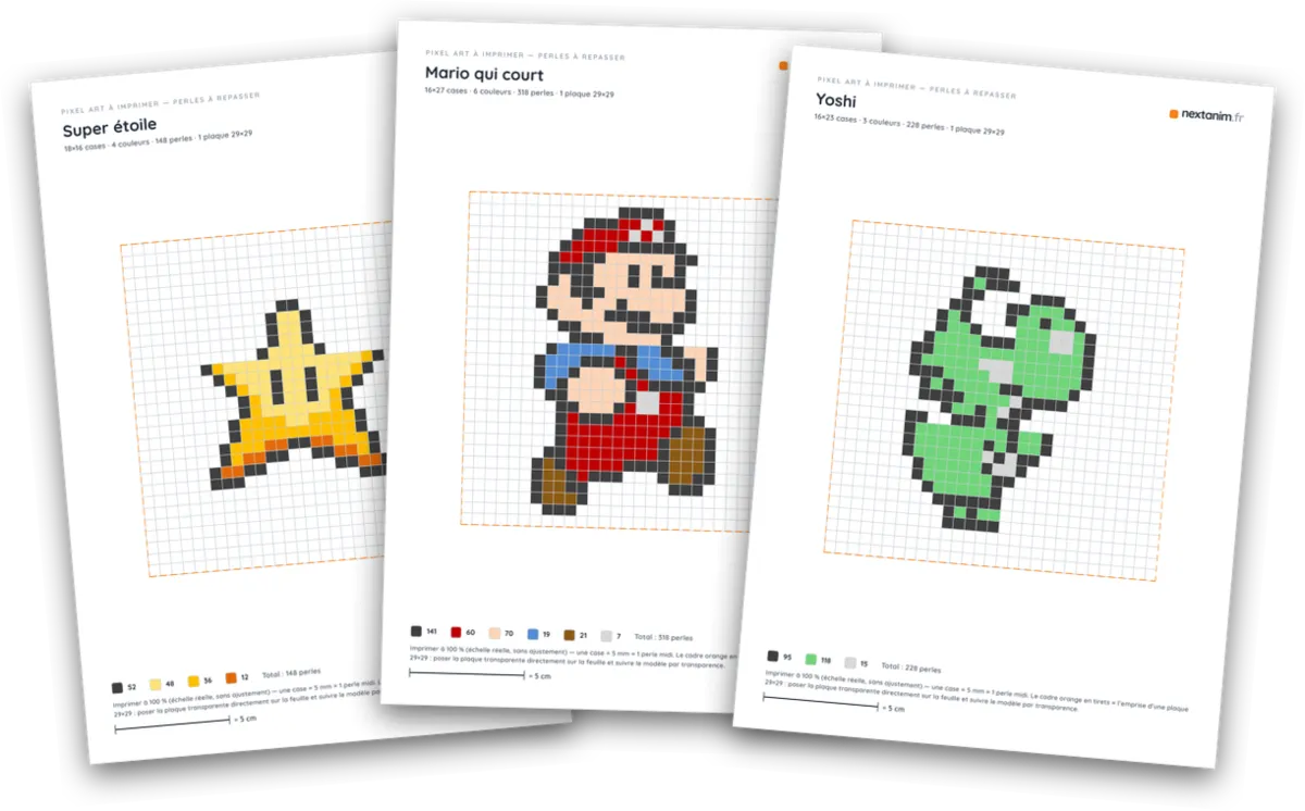 Pixel art Mario en perles à repasser : fiches étoile, Mario et Yoshi à imprimer