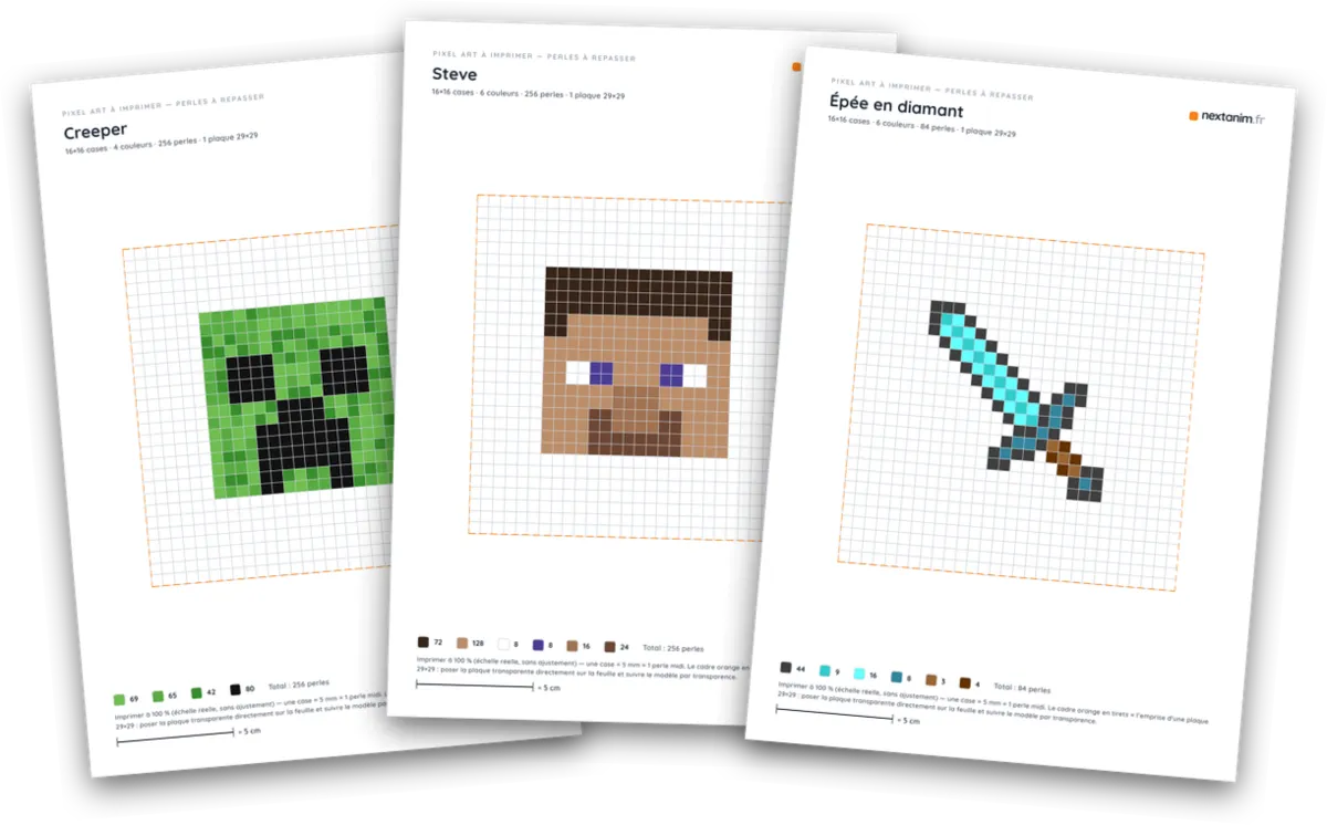Pixel art Minecraft en perles à repasser : fiches creeper, Steve et épée en diamant à imprimer