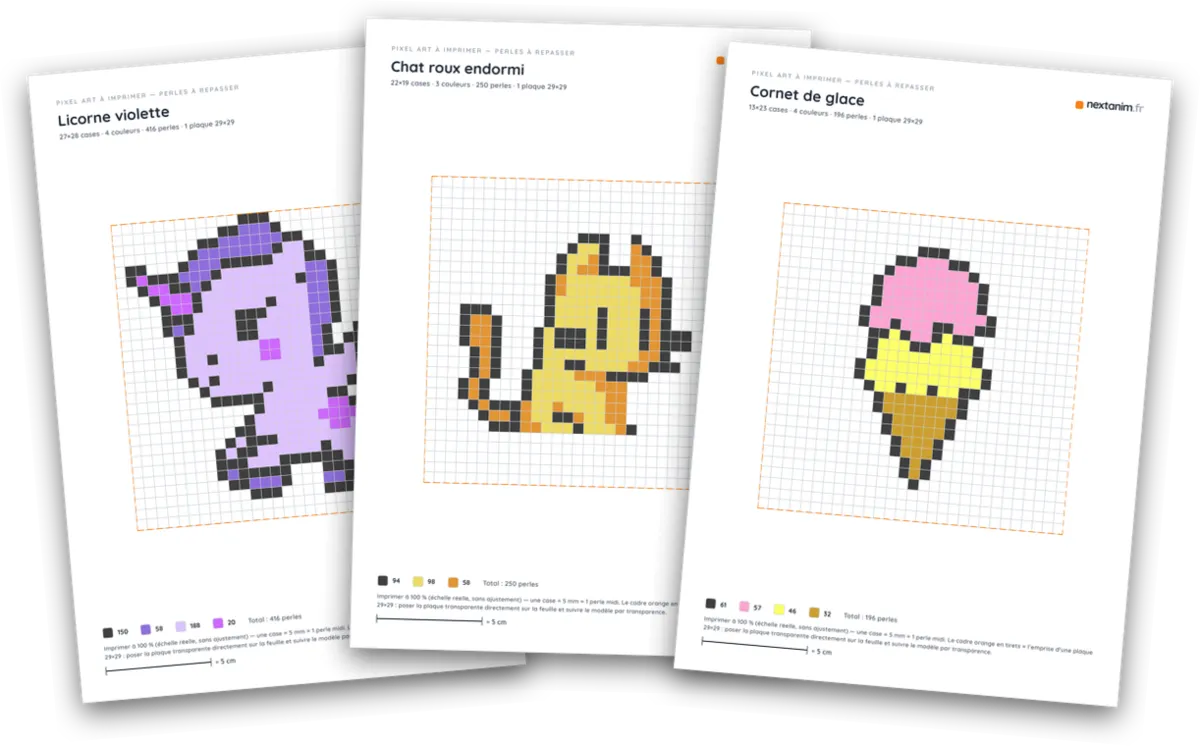 Pixel art kawaii en perles à repasser : fiches licorne, chat et cornet de glace à imprimer