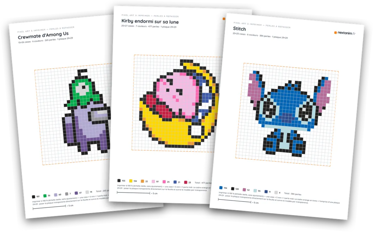 Pixel art Among Us, Kirby et Stitch en perles à repasser : fiches à imprimer