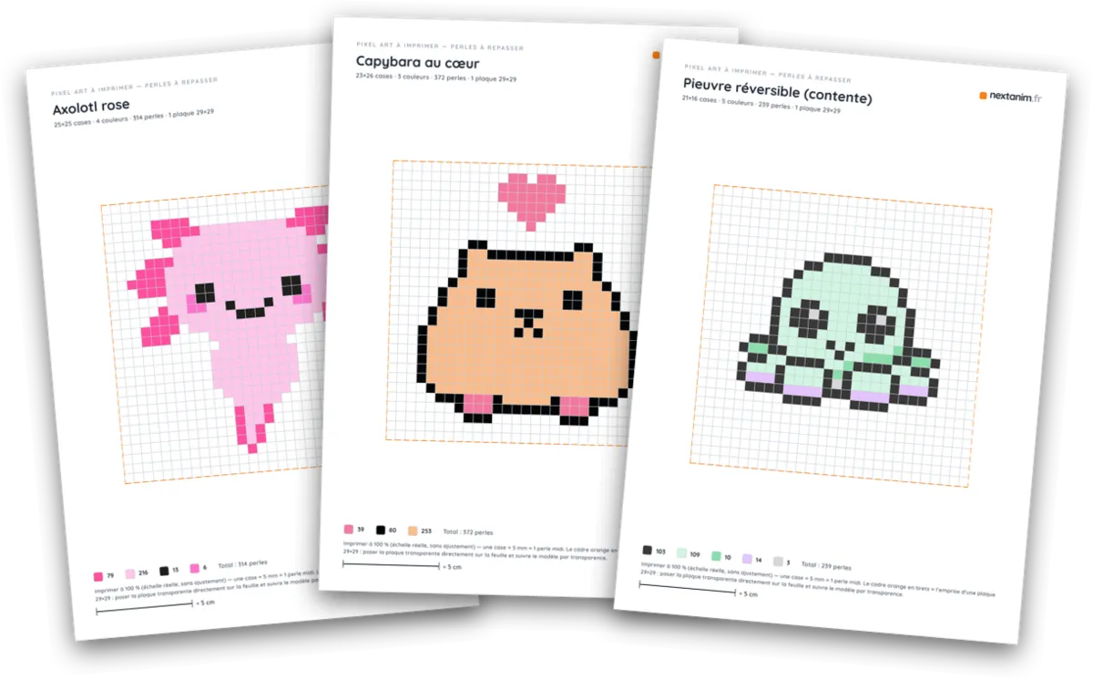 Pixel art animaux kawaii en perles à repasser : axolotl, capybara et pieuvre à imprimer