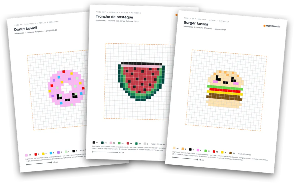 Pixel art nourriture kawaii en perles à repasser : donut, pastèque et burger à imprimer