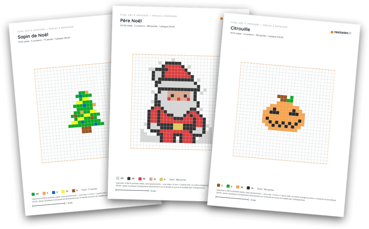 Pixel art de Noël et d'Halloween en perles à repasser : sapin, père Noël et citrouille à imprimer