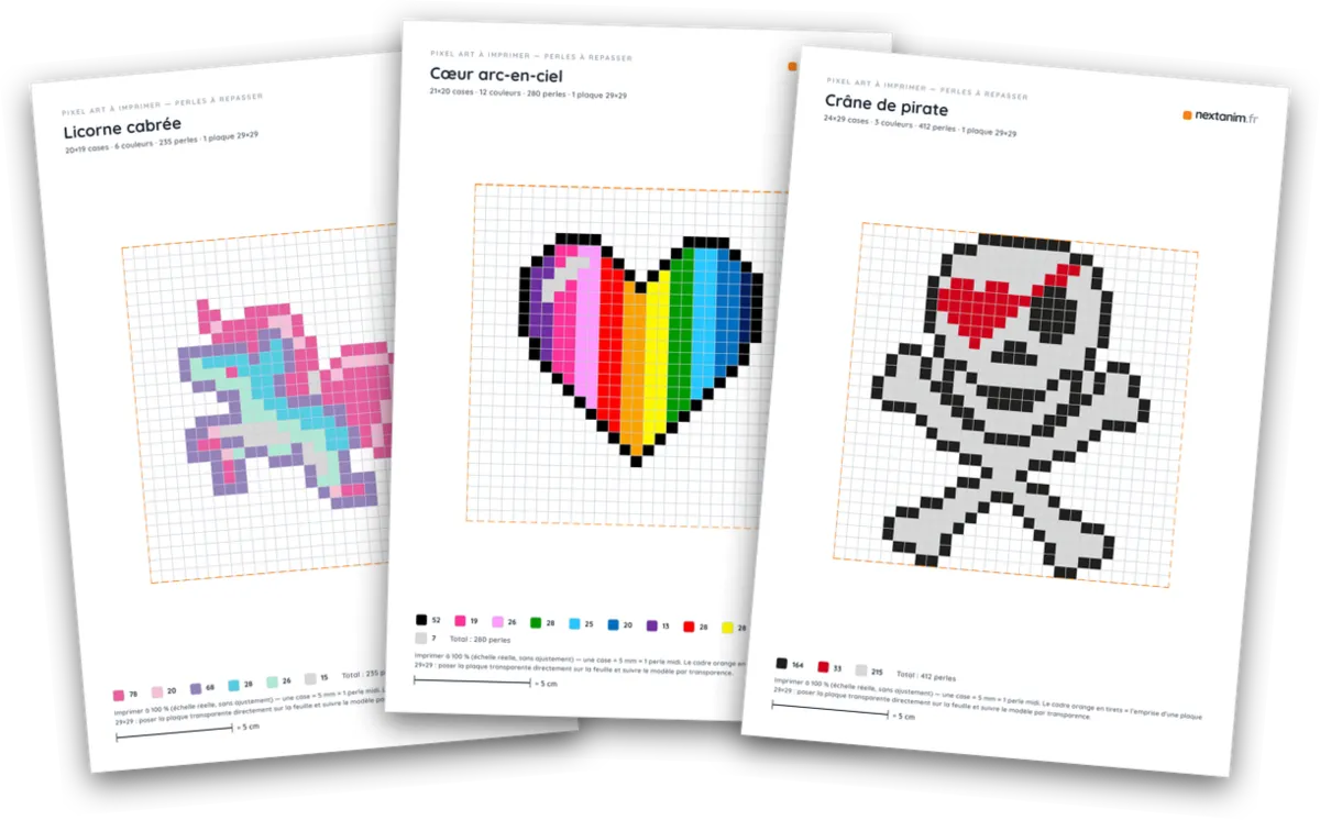 Pixel art licorne, dinosaure et cœur arc-en-ciel en perles à repasser : fiches à imprimer