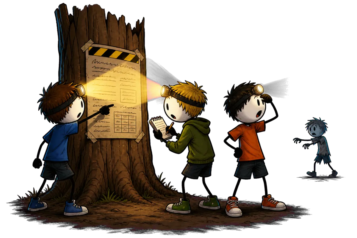 Trois joueurs déchiffrent une affiche d'énigme à la lampe frontale pendant l'escape game Zombieland en colo