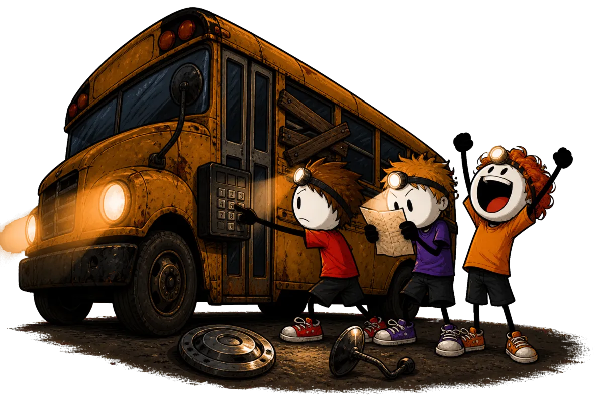 Une équipe compose le code de démarrage sur le boîtier du bus dans le grand jeu Zombieland en colo