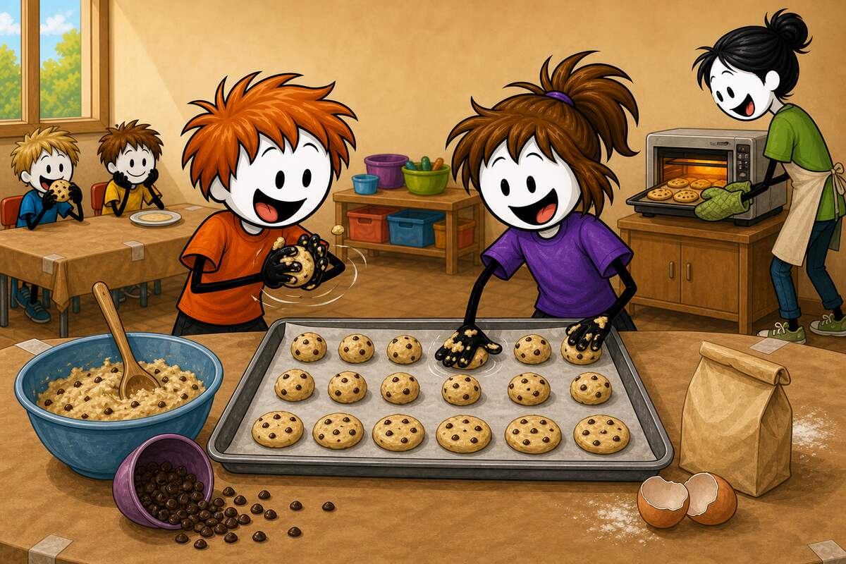 Recette de cookies avec les enfants en centre de loisirs : deux enfants roulent des boules de pâte aux pépites de chocolat sur une plaque pendant qu'une animatrice enfourne une fournée