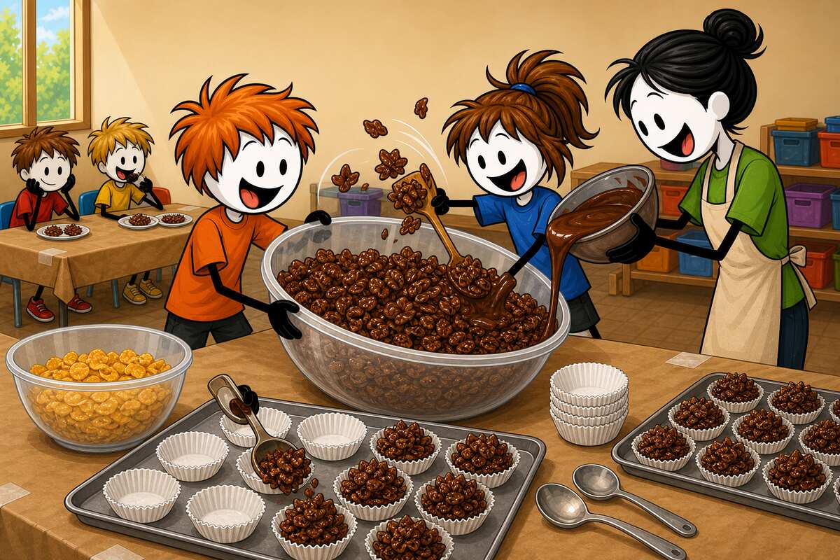 Roses des sables avec les enfants en centre de loisirs : deux enfants mélangent les pétales de maïs au chocolat fondu dans un grand saladier et dressent les tas dans des caissettes en papier