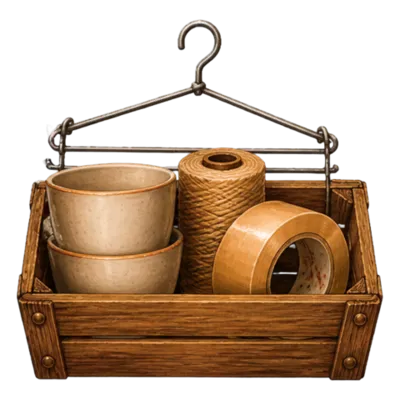 Escape game : la potion interdite — le trousseau du centre, cintre, gobelets et ficelle