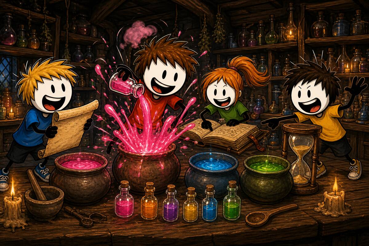 Escape game : la potion interdite — des apprentis font virer la potion de couleur sous le sablier, dans l'atelier du maître