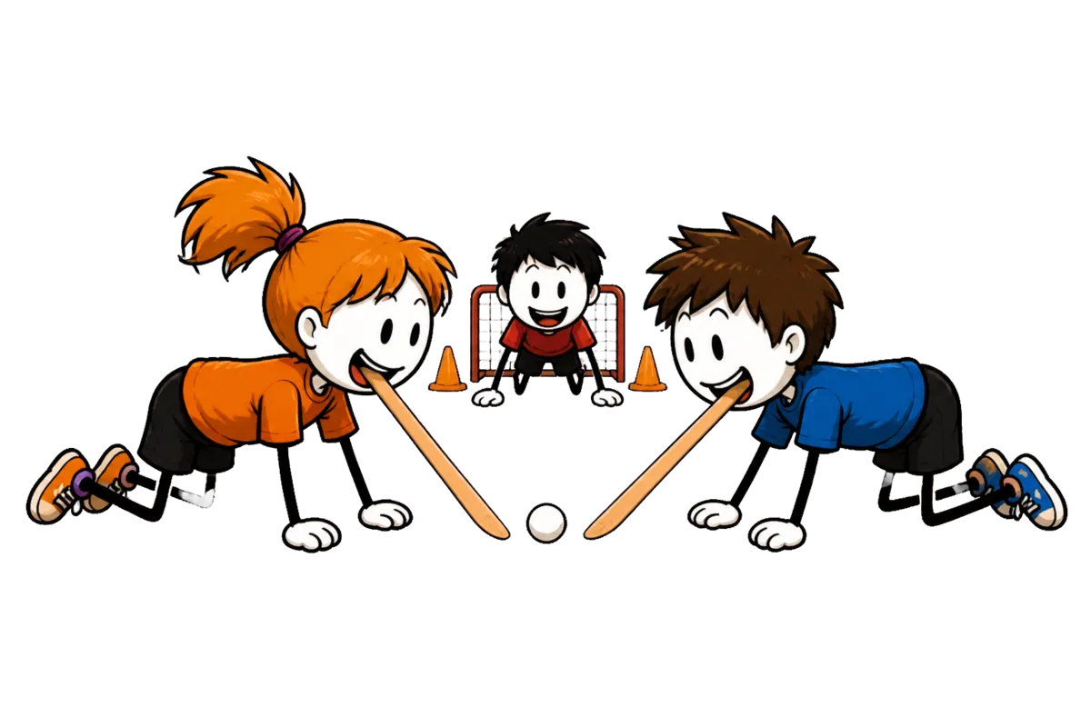 Mise au jeu du mini hockey : deux joueurs à quatre pattes, bâtonnet de bois serré entre les dents, prêts à frapper la balle de ping-pong posée entre eux.