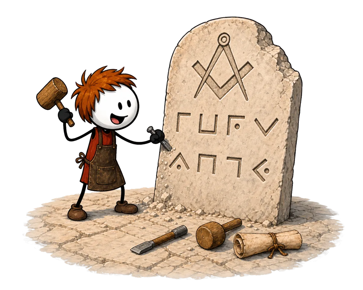 Code des templiers, l'alphabet franc-maçon dit code pigpen : un tailleur de pierre grave l'épitaphe d'une stèle de loge maçonnique en symboles de la clé plutôt qu'en lettres